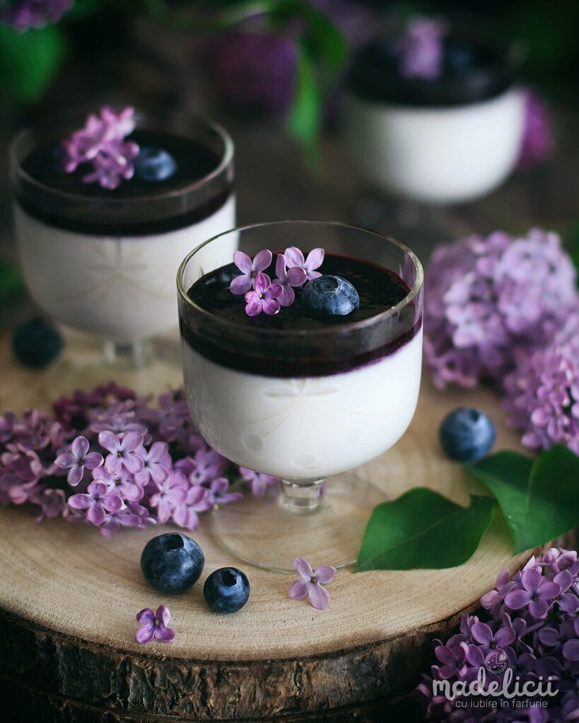 decor panna cotta cu liliac, miere si afine