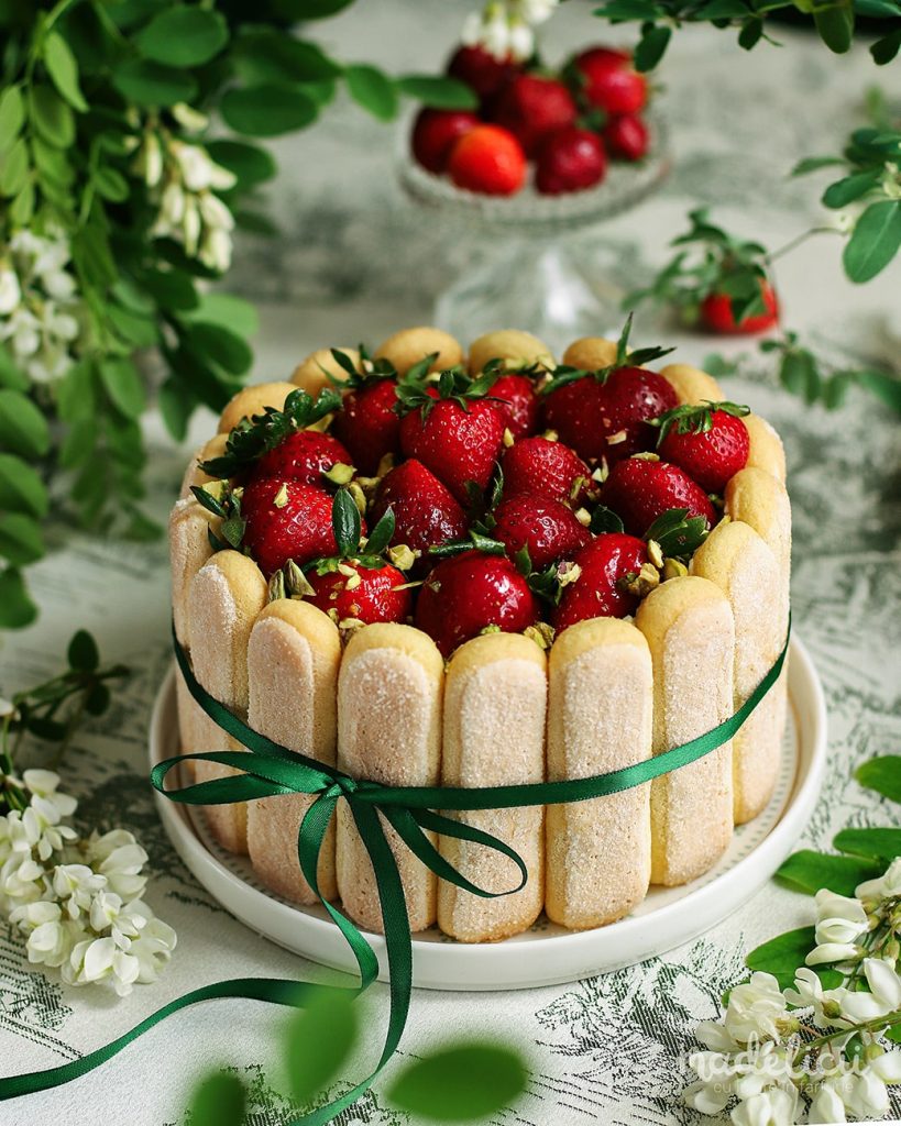 Tort tiramisu cu fistic si capsuni in forma de Charlotte, decorat cu capsuni proaspete si fistic, desert fara coacere ideal pentru petreceri sau zile de vara.