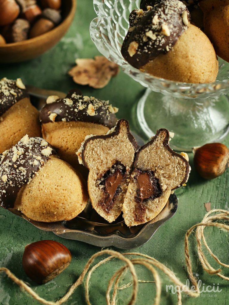 Sectiune de briosa in forma de ghinda cu miez cremos de Nutella si blat pufos cu piure de castane