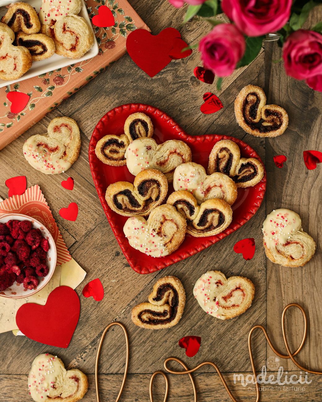 Palmieri din aluat foitaj cu zmeura sau cacao pentru Valentine's Day sau Dragobete