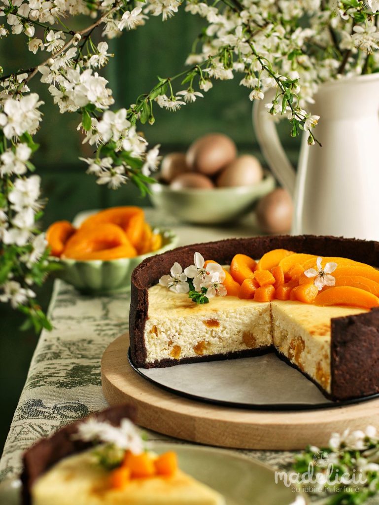 Pasca cu branza de vaci, smantana si caise (aluat fraged cu cacao)